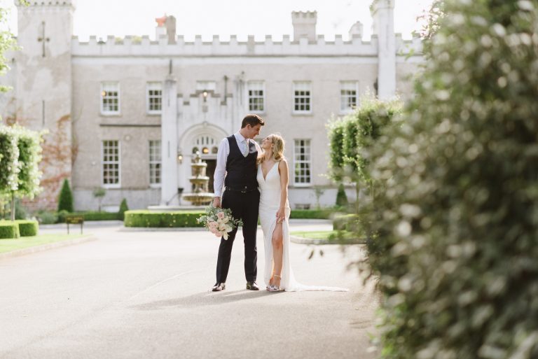 bride and groom at castle bellingham wedding venue